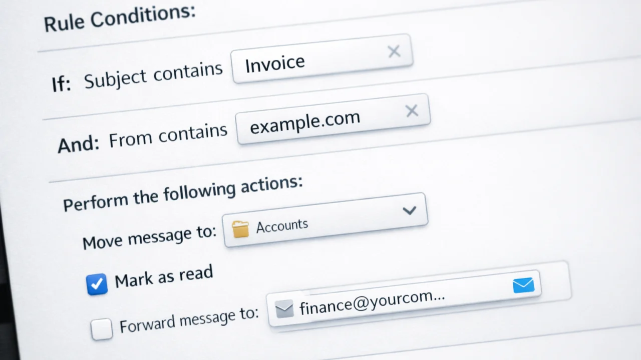 Sučelje za pravila automatskog filtriranja emailova s uvjetima i radnjama sortiranja poruka