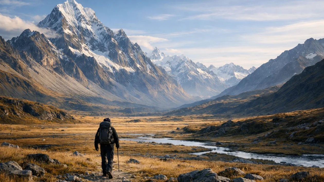 Široki kadar putovanja u avanturističkom filmu koji simbolizira osjećaj otkrivanja, kretanje i istraživanje nepoznatog