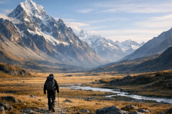 Široki kadar putovanja u avanturističkom filmu koji simbolizira osjećaj otkrivanja, kretanje i istraživanje nepoznatog