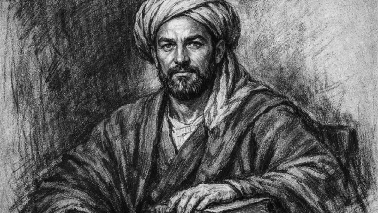 Portret Avicenne (Ibn Sine) u ugalj stil crteža, crno-bijeli portret znanstvenika s turbanom i izražajnim licem