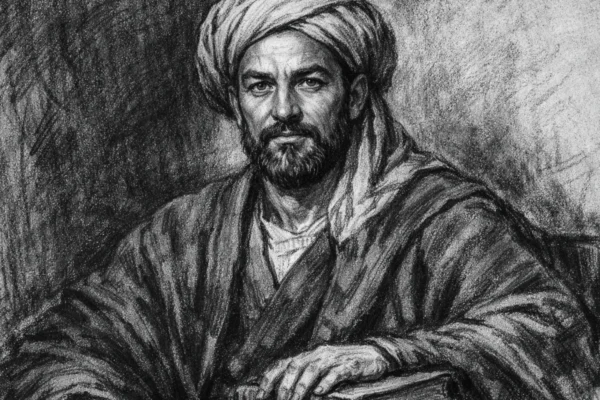Portret Avicenne (Ibn Sine) u ugalj stil crteža, crno-bijeli portret znanstvenika s turbanom i izražajnim licem