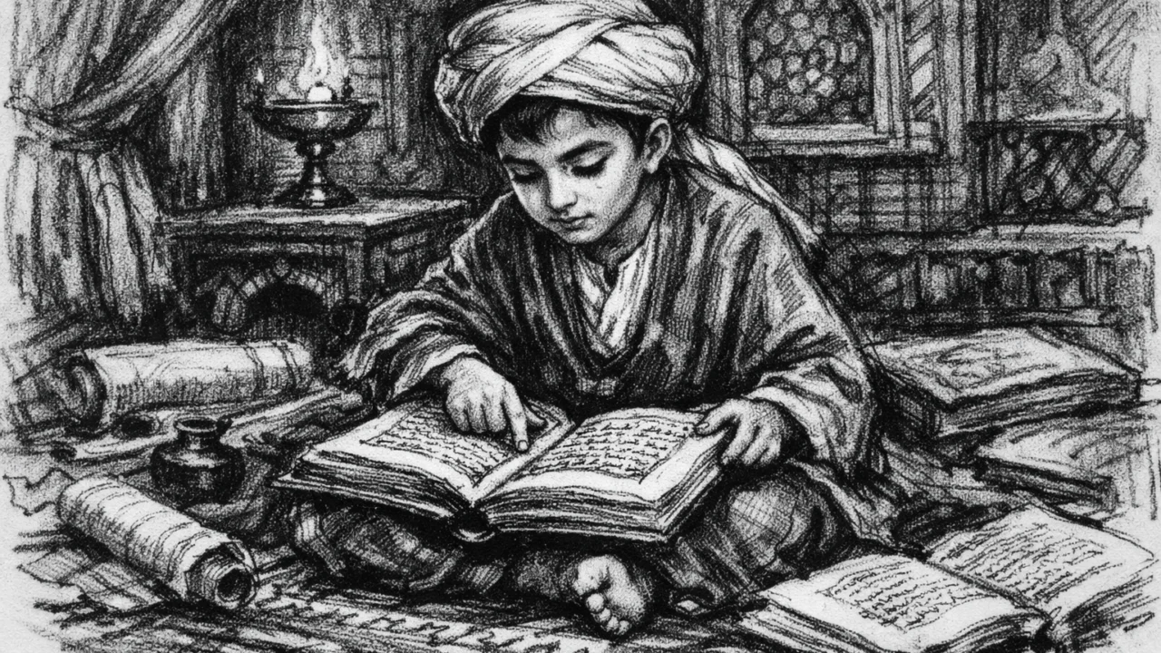 Mladi Avicenna tijekom učenja Kur'ana, scena djetinjstva prikazana u ugalj stil crteža