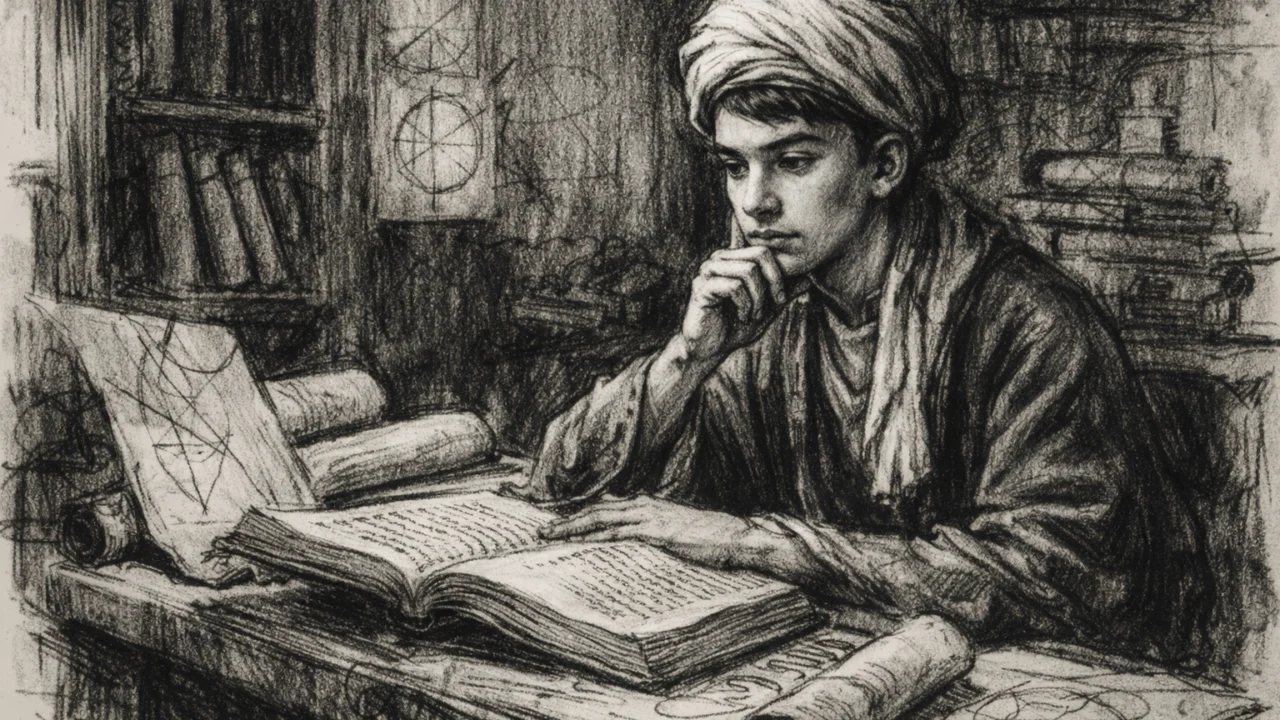 Avicenna proučava filozofiju i znanost, povijesna scena u ugalj stil crteža