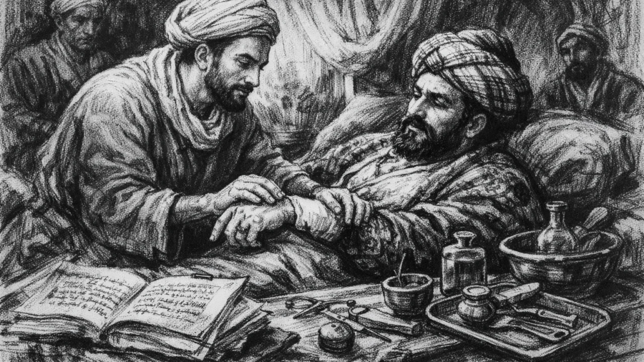 Avicenna kao liječnik liječi vladara, povijesni prizor izrađen u ugalj stil crteža