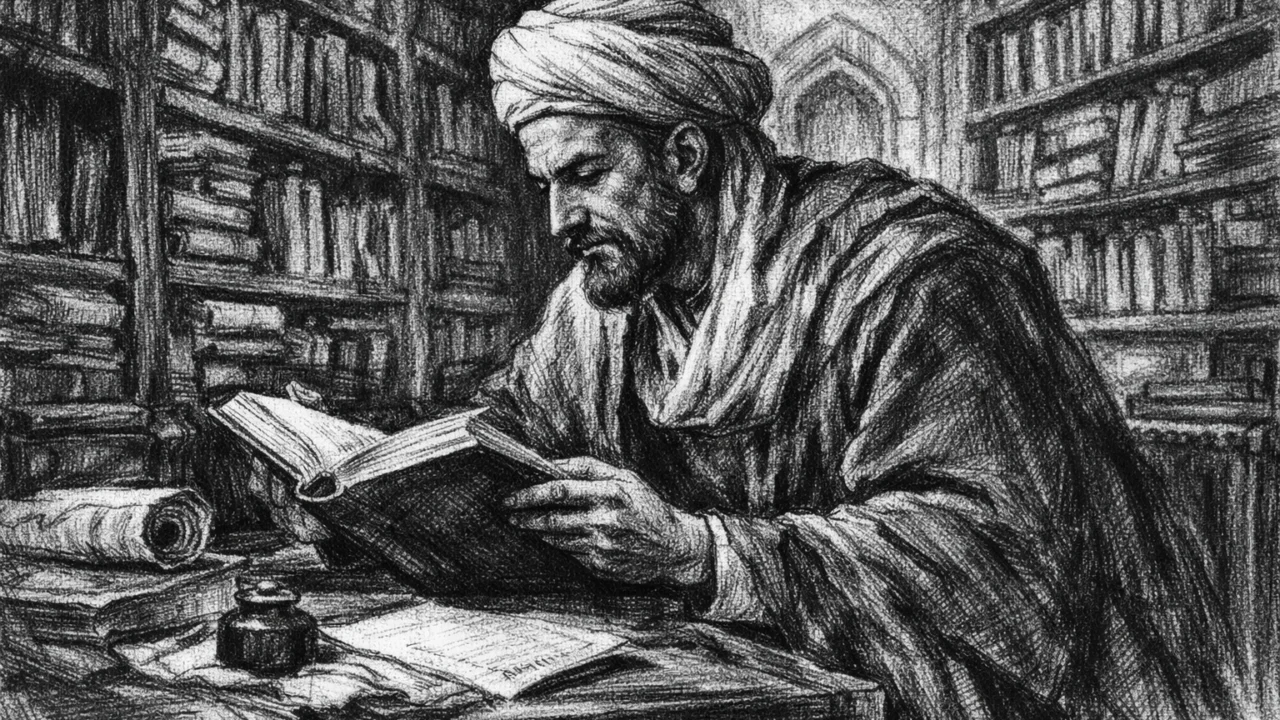 Avicenna u kraljevskoj knjižnici u Buhari, znanstveni prizor u ugalj stil crteža