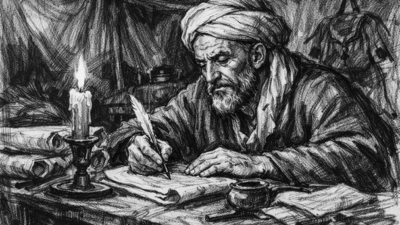 Avicenna u kasnijim godinama piše znanstvena djela, intimna scena u ugalj stil crteža