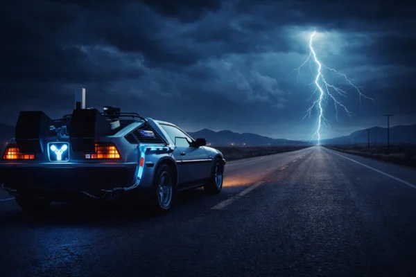 DeLorean vremenski stroj iz filma Back to the Future na cesti, simbol putovanja kroz vrijeme i znanstvene fantastike