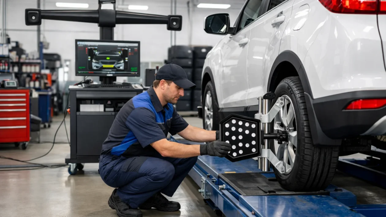 Balansiranje i geometrija kotača u modernom auto servisu, profesionalna oprema i mehaničar tijekom podešavanja