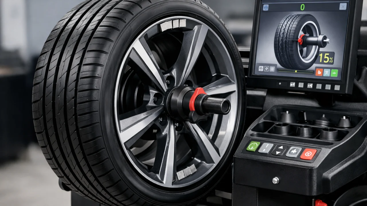 Detalj balansiranja kotača na stroju, utezi i precizno mjerenje neravnoteže gume