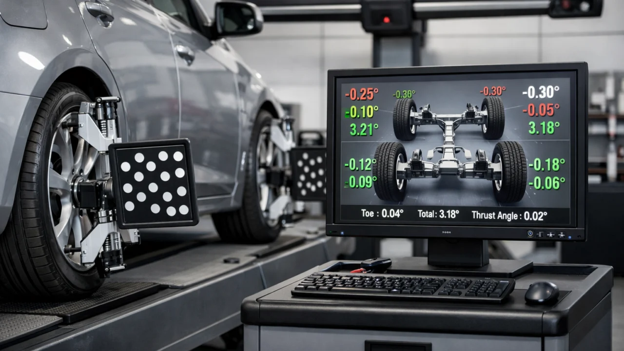 3D mjerenje geometrije kotača sa senzorima i računalnim prikazom tvorničkih vrijednosti