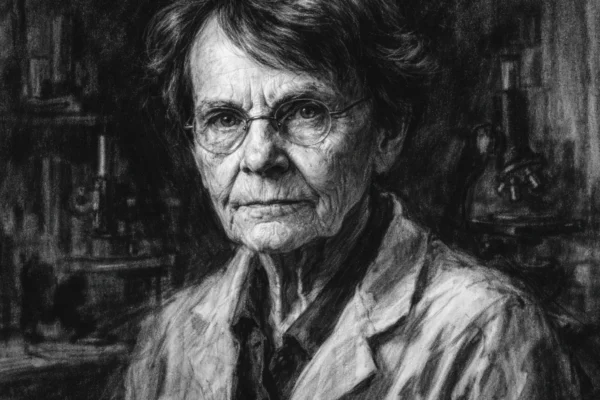 Portret Barbare McClintock u ugalj stilu, snažan crno-bijeli znanstveni portret s naglašenim kontrastom