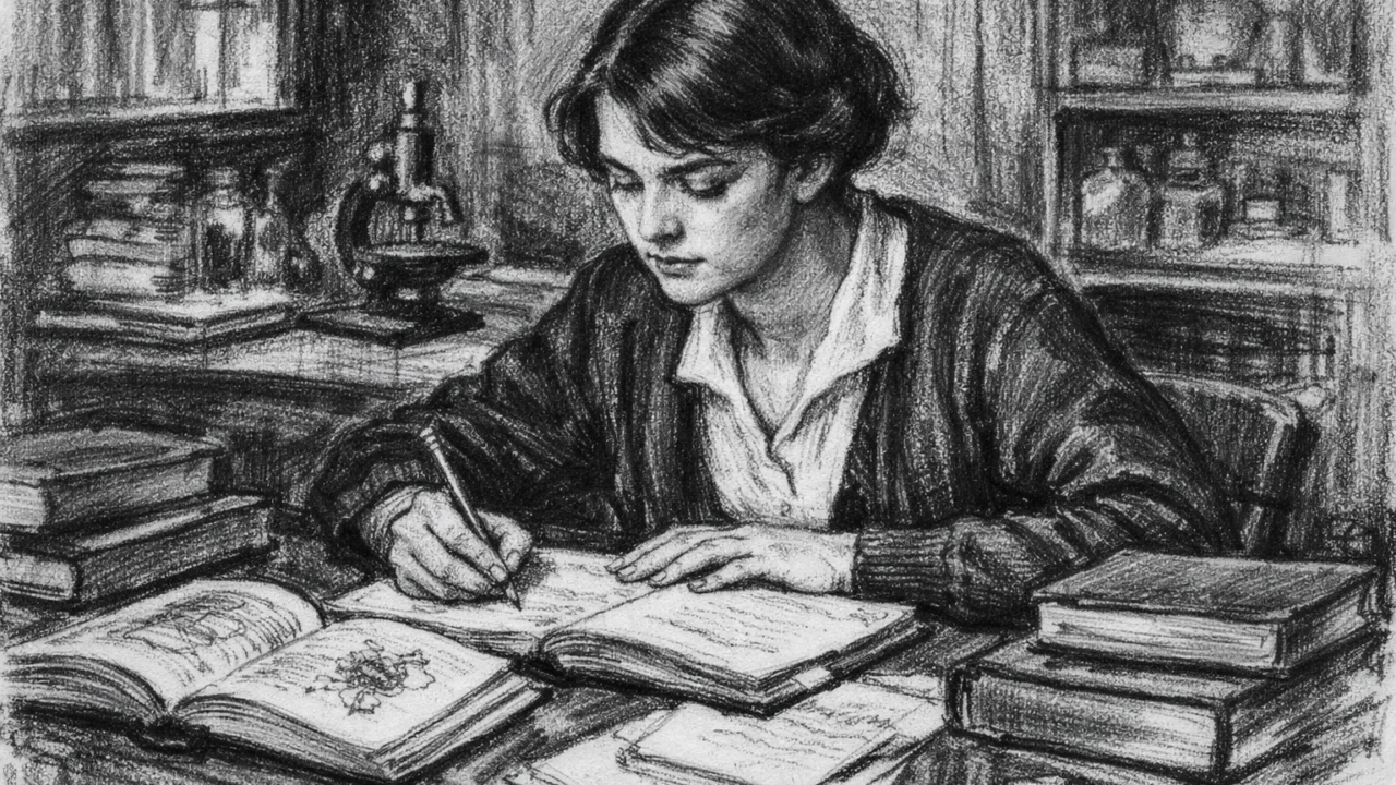 Mlada Barbara McClintock tijekom studija na Cornell Universityju u ugalj stilu, crno-bijeli prikaz obrazovanja