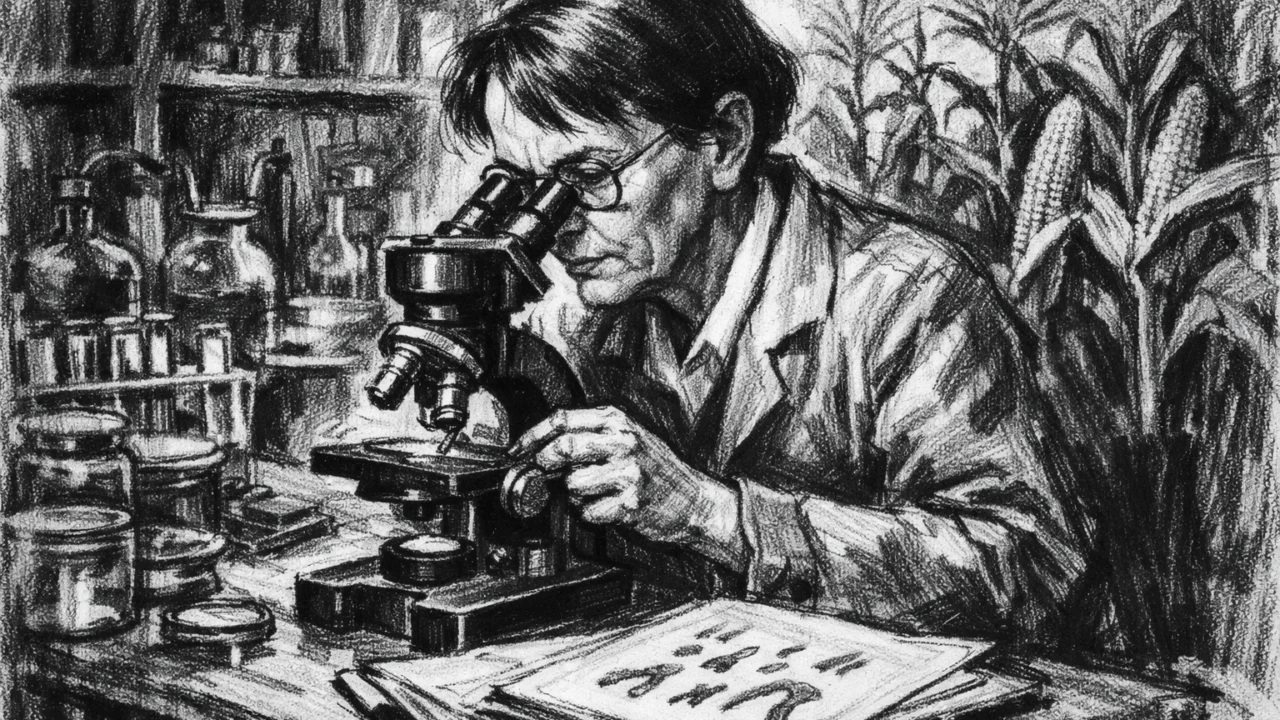 Barbara McClintock u laboratoriju dok istražuje genetiku kukuruza, prikazano u ugalj stilu