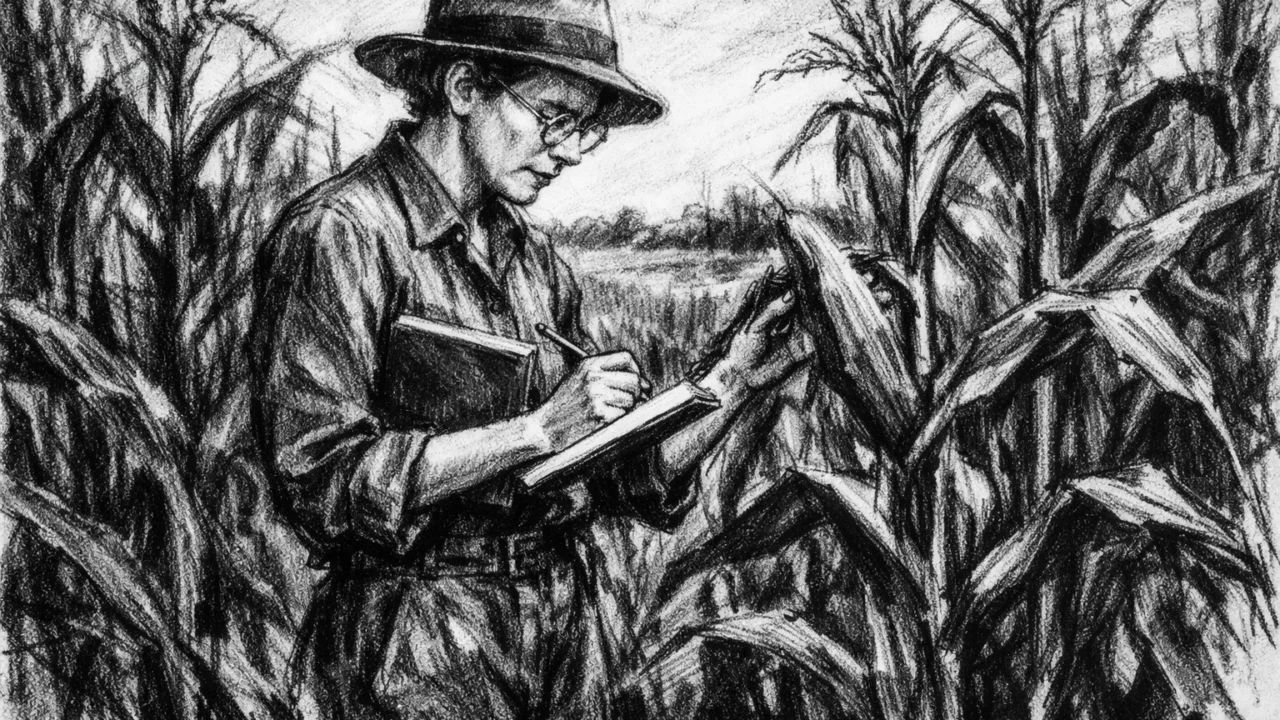 Barbara McClintock na poljima kukuruza tijekom istraživanja, umjetnički prikaz u ugalj stilu