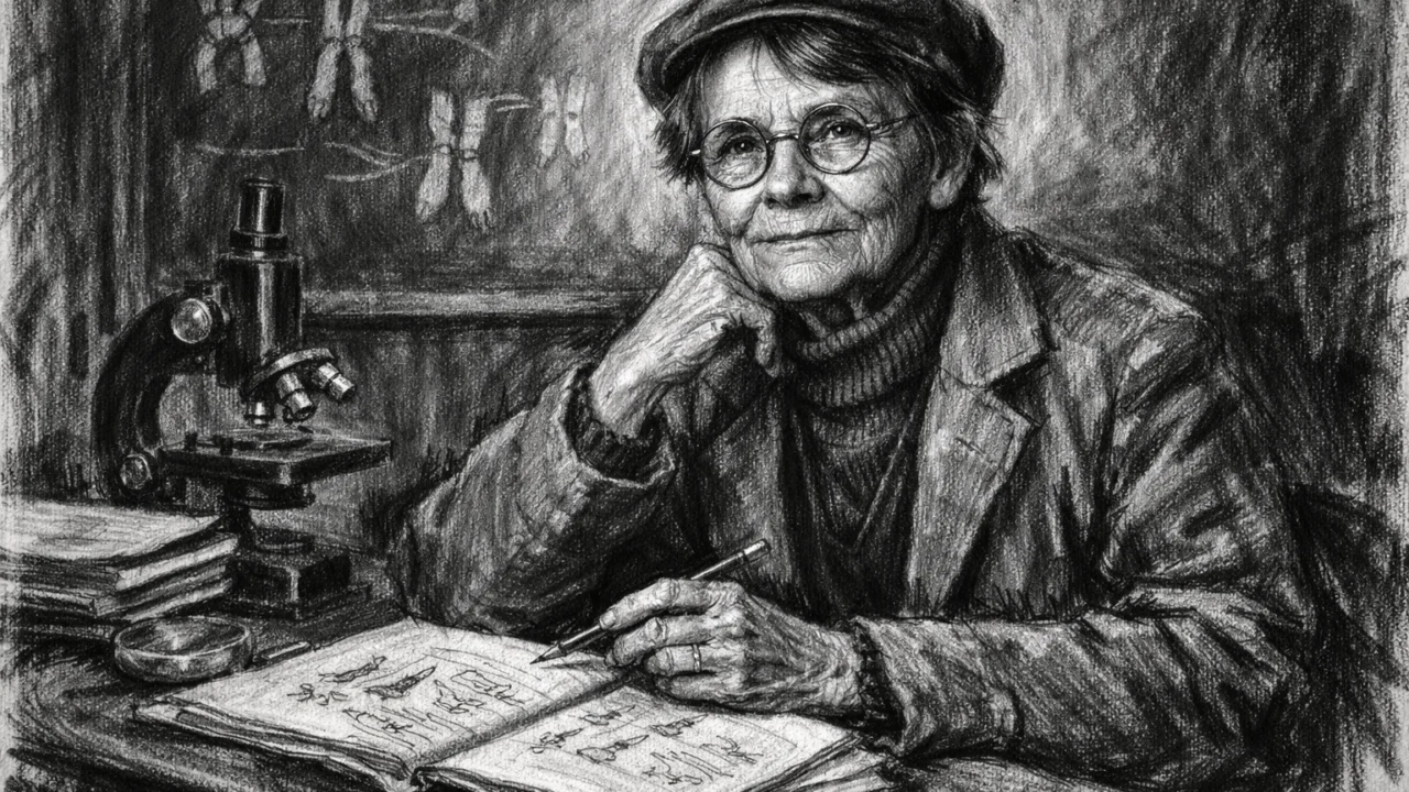 Starija Barbara McClintock u mirnoj refleksiji o znanstvenom radu, prikazana u ugalj stilu