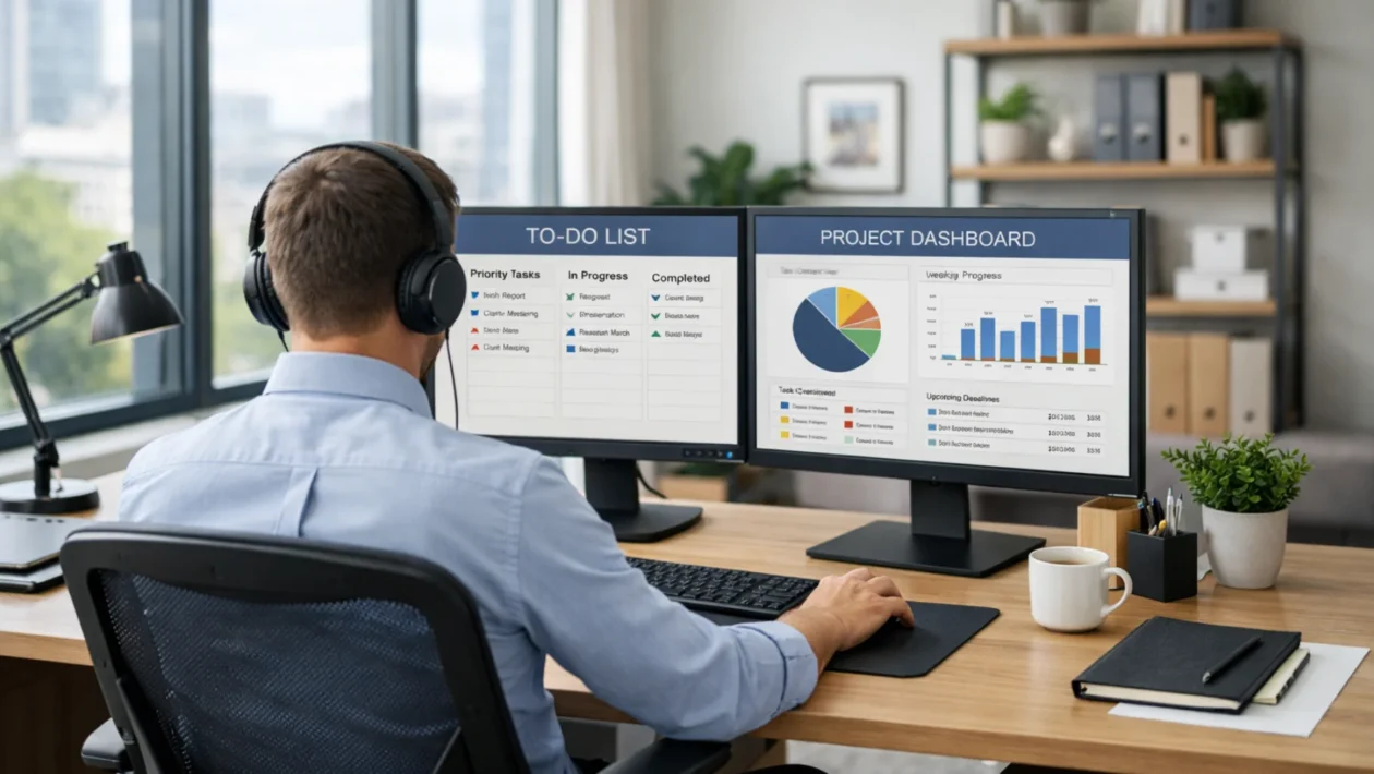 Moderni ured s fokusiranom osobom koja primjenjuje batching metodu za veću produktivnost i organiziran rad