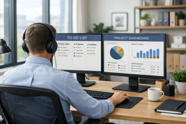 Moderni ured s fokusiranom osobom koja primjenjuje batching metodu za veću produktivnost i organiziran rad