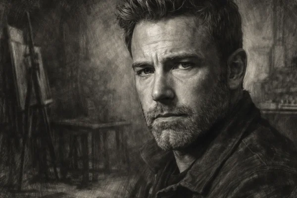 Portret Bena Afflecka u ugalj stilu, crno-bijeli visoko kontrastni crtež s naglašenim linijama lica