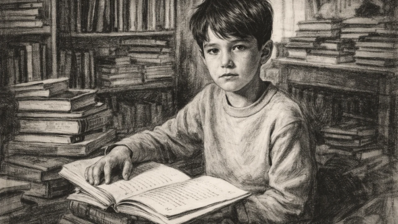 Rani život Bena Afflecka prikazan u ugalj stilu, crtež dječaka okruženog knjigama u crno-bijeloj tehnici