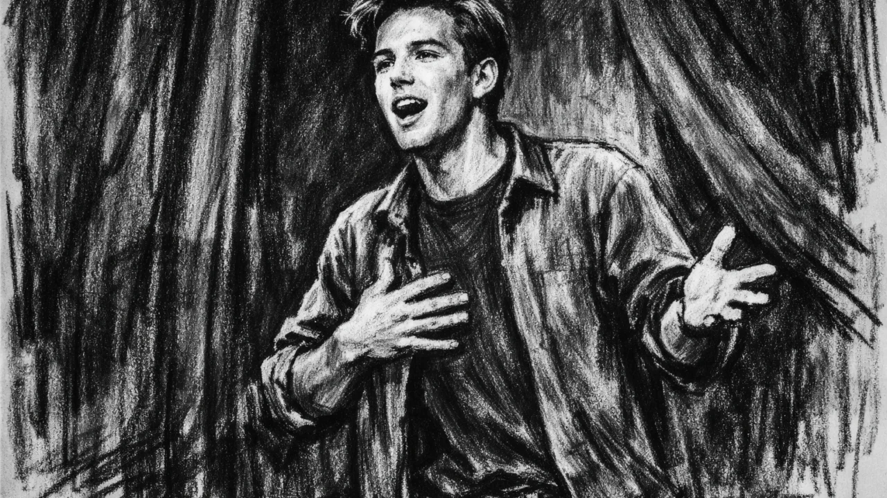 Rani glumački nastup Bena Afflecka u ugalj stilu, crno-bijeli crtež s jakim kontrastom