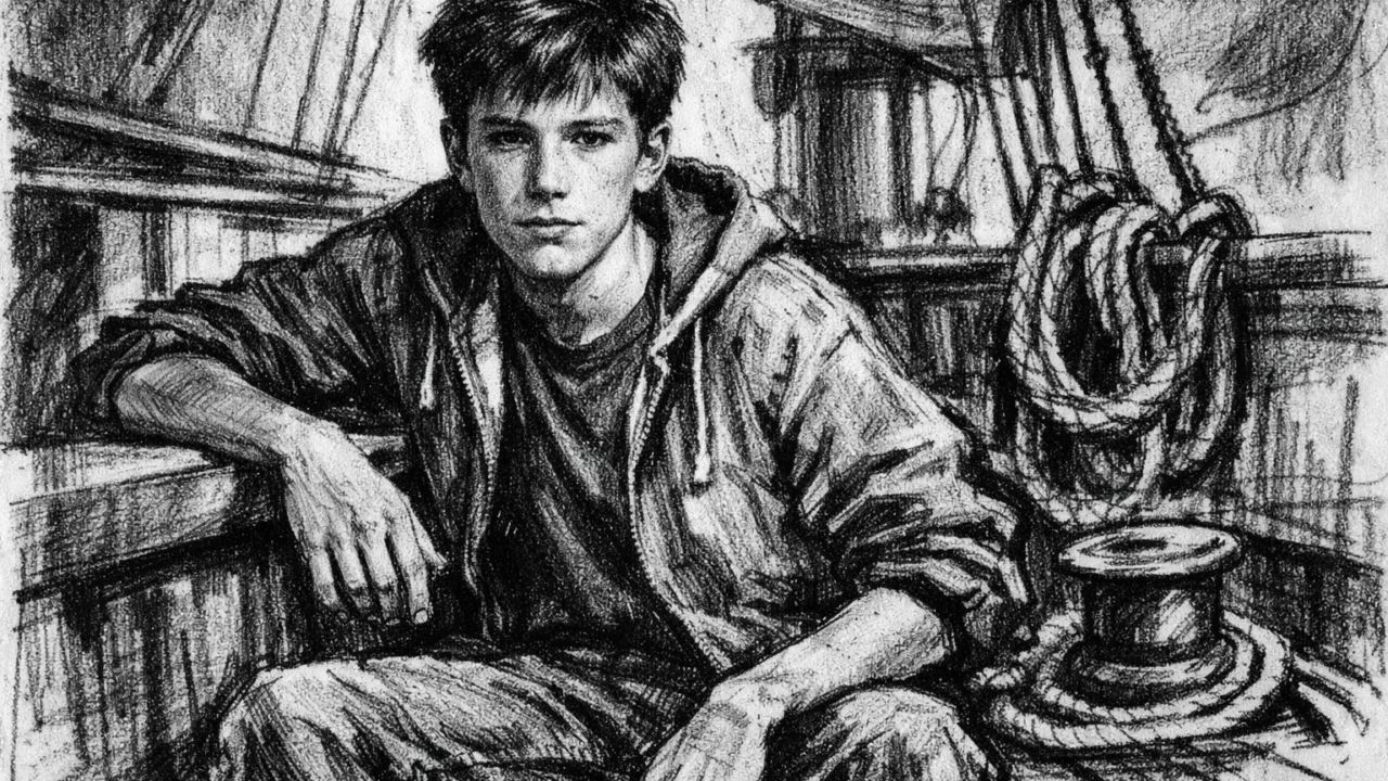 Mladi Ben Affleck u televizijskoj ulozi, prikazan u ugalj stilu s detaljnim crno-bijelim sjenčanjem