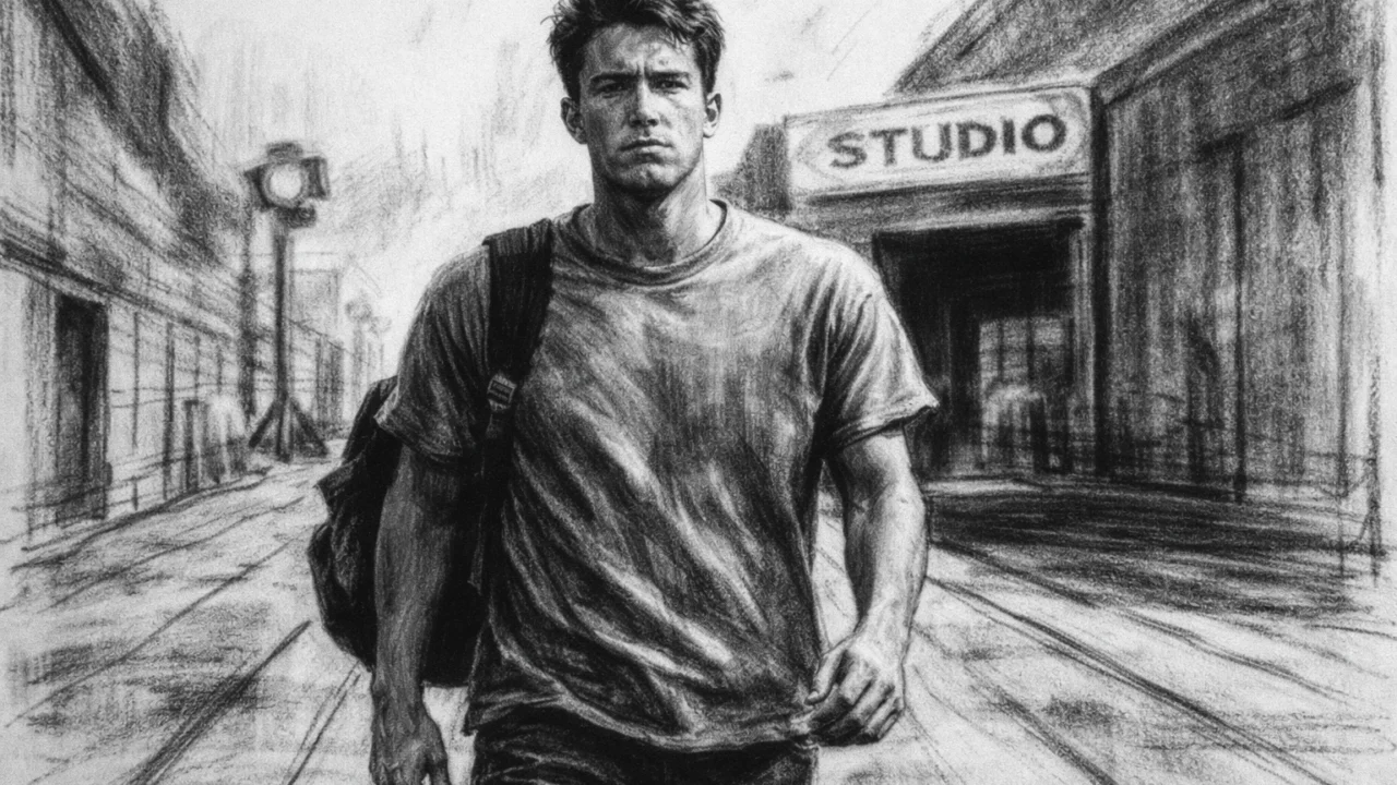 Ben Affleck na početku karijere u Hollywoodu, prikazan u ugalj stilu s izraženim kontrastima