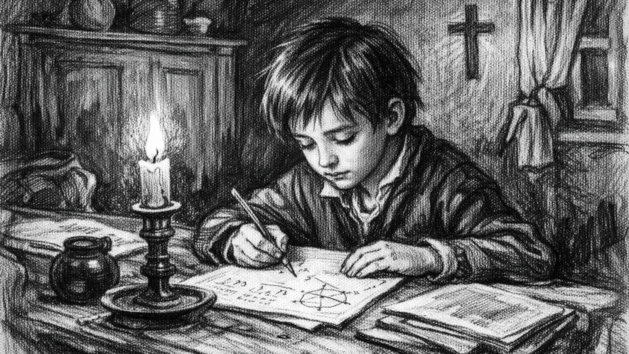 Mladi Bernhard Riemann u djetinjstvu u skromnom domu, nacrtano u ugalj stilu s nježnim, izražajnim linijama.