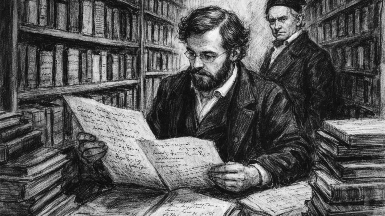 Bernhard Riemann na studiju u Göttingenu uz prisutnost Gaussa, prikazano u ugalj stilu s dramatičnim kontrastom.