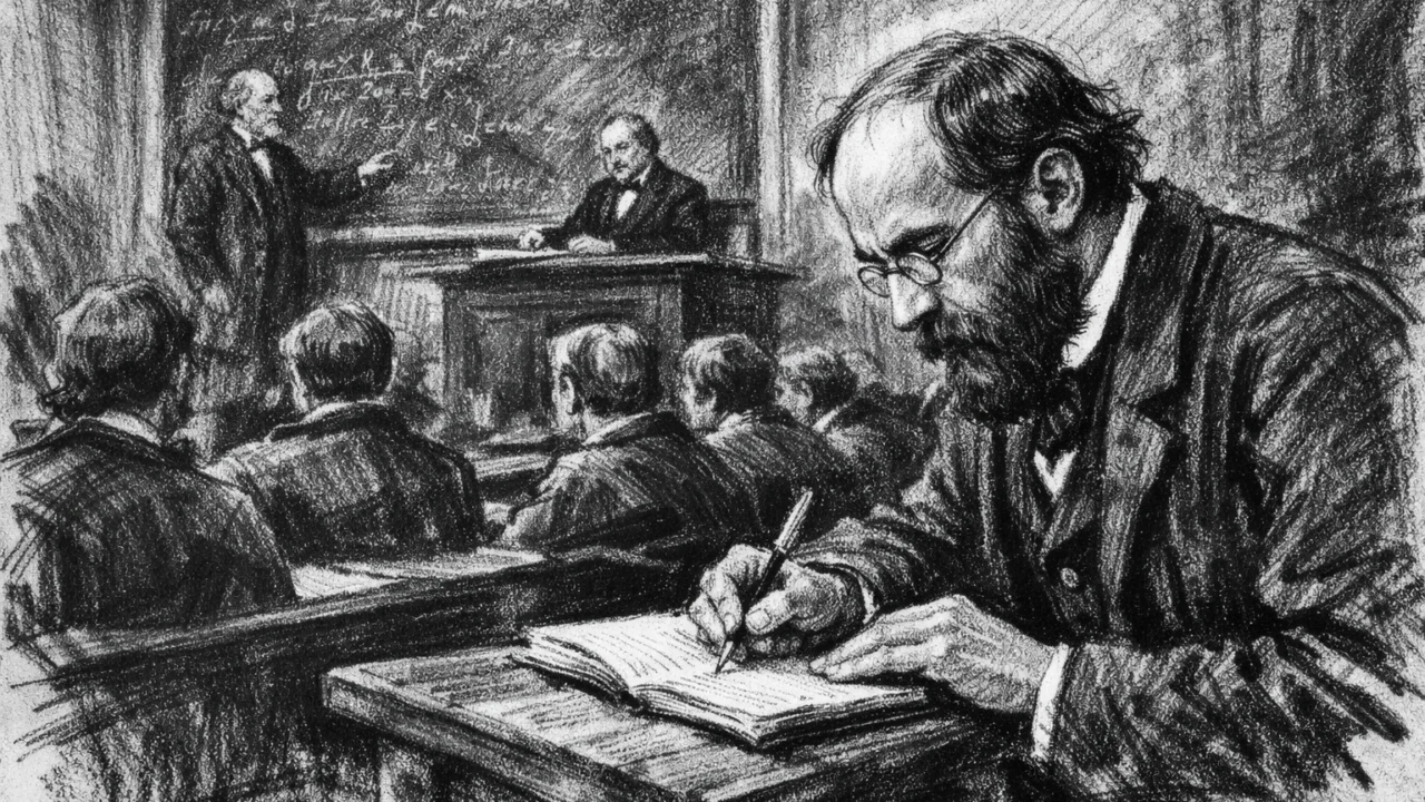Riemann kao student u Berlinu na matematičkom predavanju, ilustrirano u ugalj stilu, crno-bijelo.