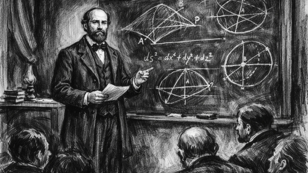 Znamenito Riemannovo predavanje iz 1854. godine, prikazano u snažnom ugalj stilu s povijesnom atmosferom.