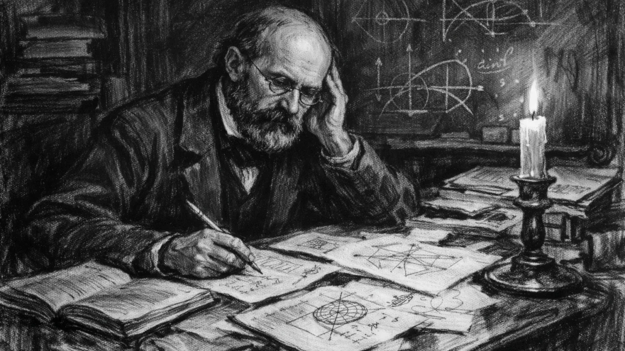 Bernhard Riemann za radnim stolom tijekom znanstvenog rada, intiman prizor u ugalj stilu.