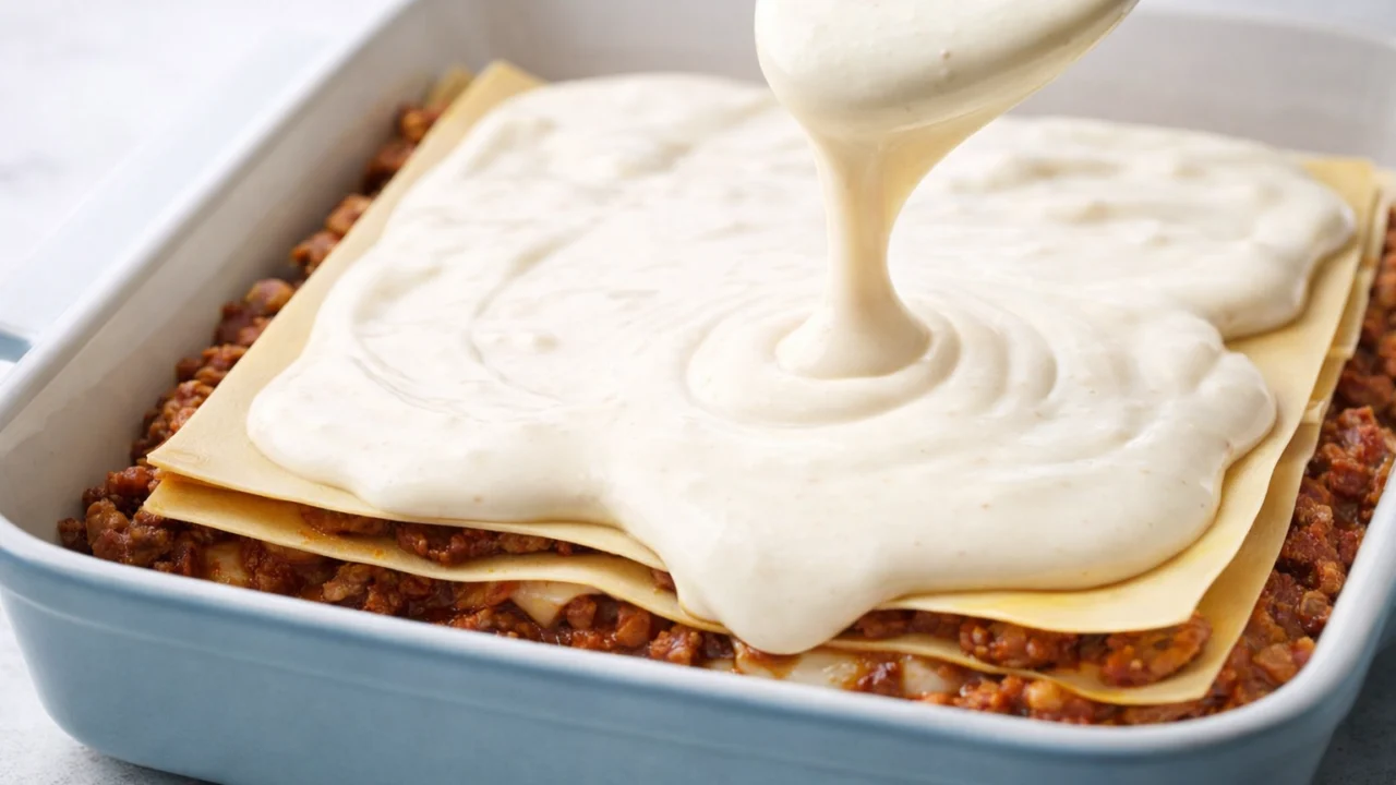 Glatki bešamel umak korišten u pripremi lazanja za savršeno povezane slojeve