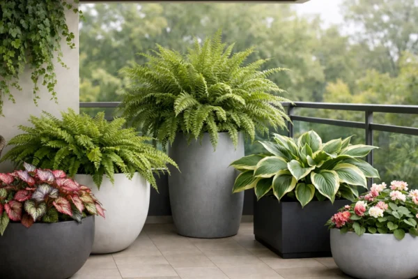 Sjenoviti balkon s bujnim zelenim biljkama poput paprati, bršljana i begonija u modernim posudama