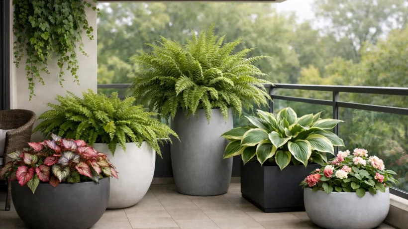 Sjenoviti balkon s bujnim zelenim biljkama poput paprati, bršljana i begonija u modernim posudama
