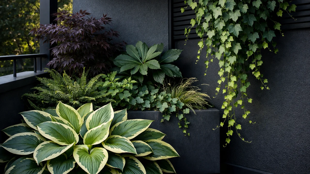 Kombinacija biljaka različitih visina na balkonu u sjeni s hostom i visećim bršljanom