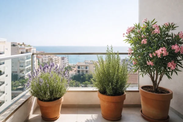 Sunčani i vjetroviti balkon s lavandom, ružmarinom i oleanderom u čvrstim teglama, primjer otpornog balkonskog vrta