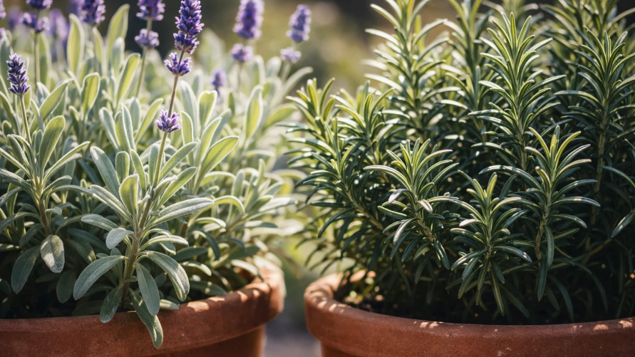 Detalj lavande i ružmarina s debelim listovima u terakota posudama, idealne biljke za sunčane balkone