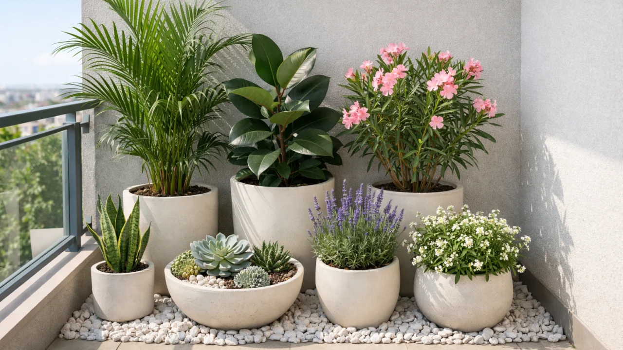 Biljke grupirane uz zid balkona s malčem od šljunka, zaštita od vjetra i sunca na izloženim balkonima