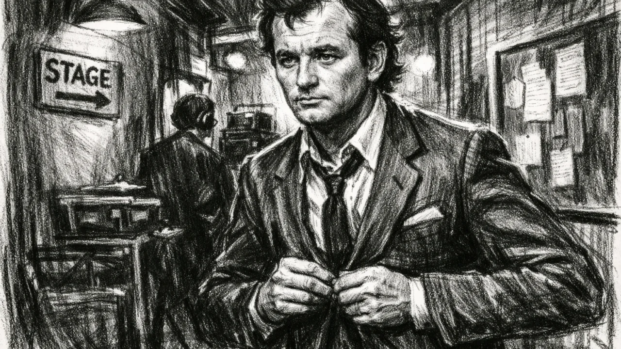 Bill Murray iza pozornice televizijske emisije, nacrtan u ugalj stilu s visokim kontrastom