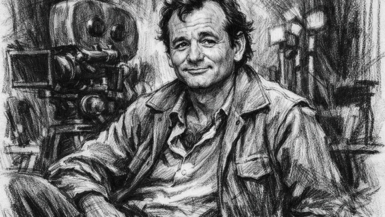 Bill Murray na filmskom setu tijekom 1980-ih, prikazan u ugalj stilu crno-bijelog crteža