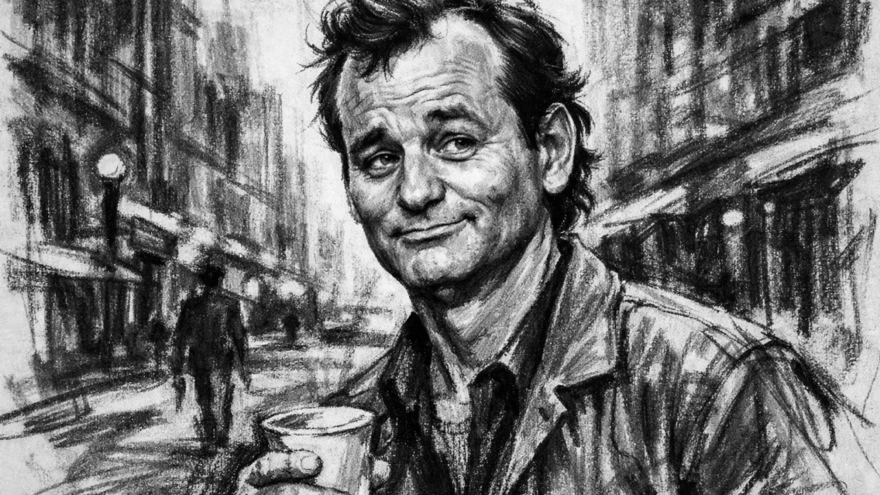 Bill Murray u urbanoj sceni s ironičnim izrazom, ilustriran u ugalj stilu