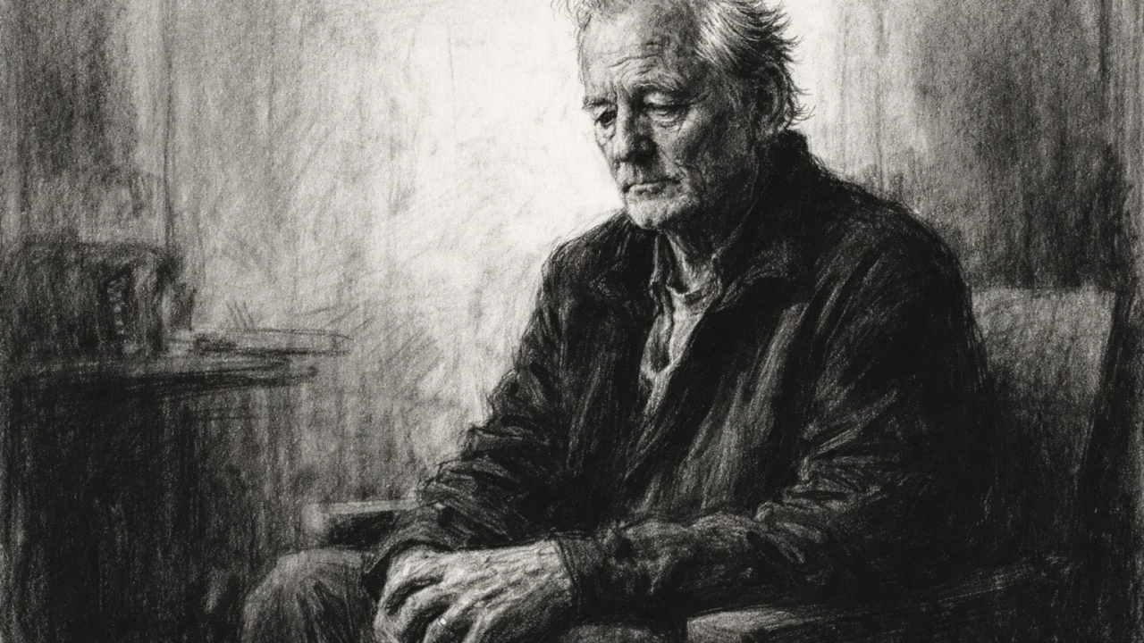 Stariji Bill Murray u zamišljenom trenutku, portretiran u ugalj stilu s izražajnim linijama