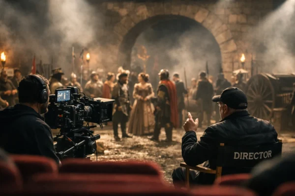 Široki kadar filmskog seta koji simbolizira granicu između povijesne istine i filmske slobode u biografskim filmovima