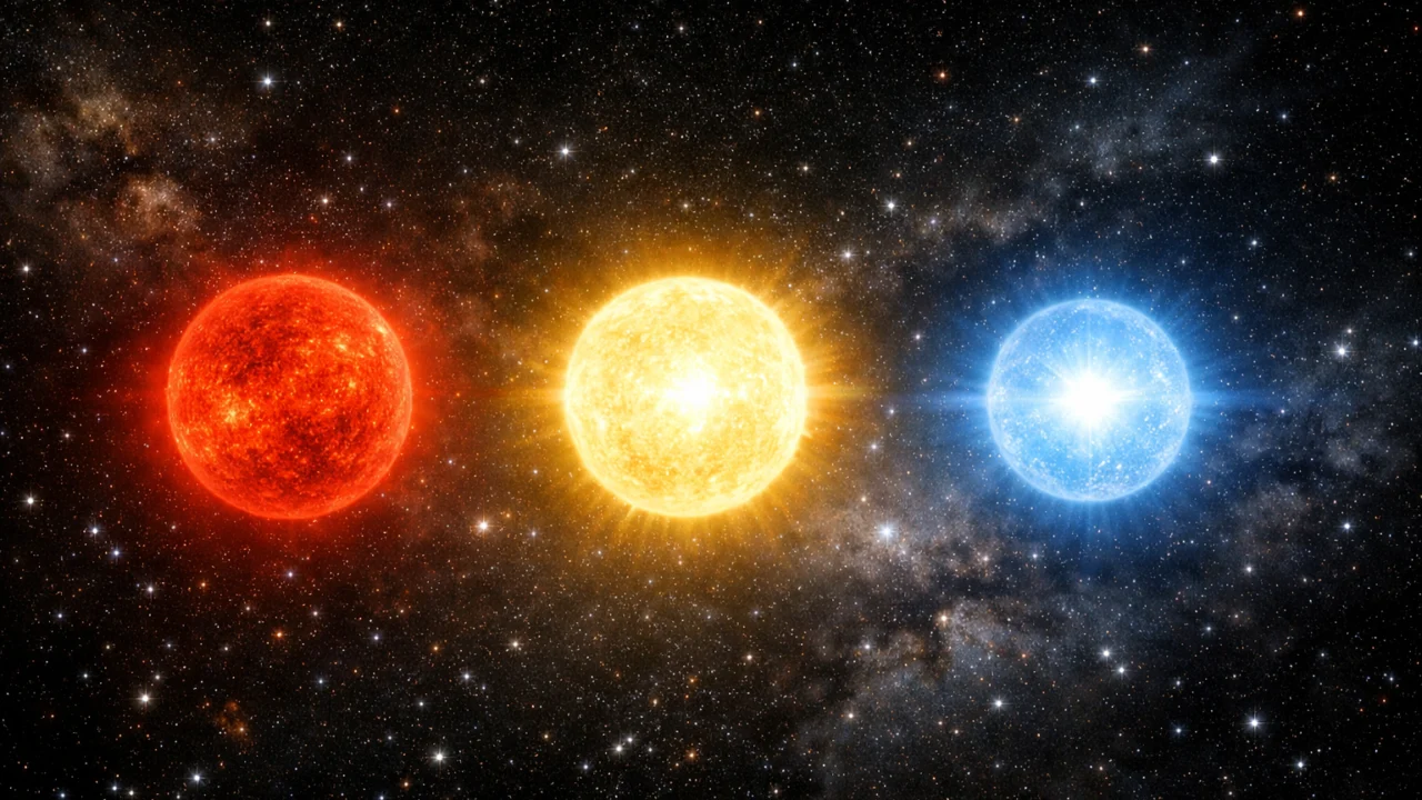 Usporedba boja zvijezda prema temperaturi površine od hladnih crvenih do vrlo vrućih plavih