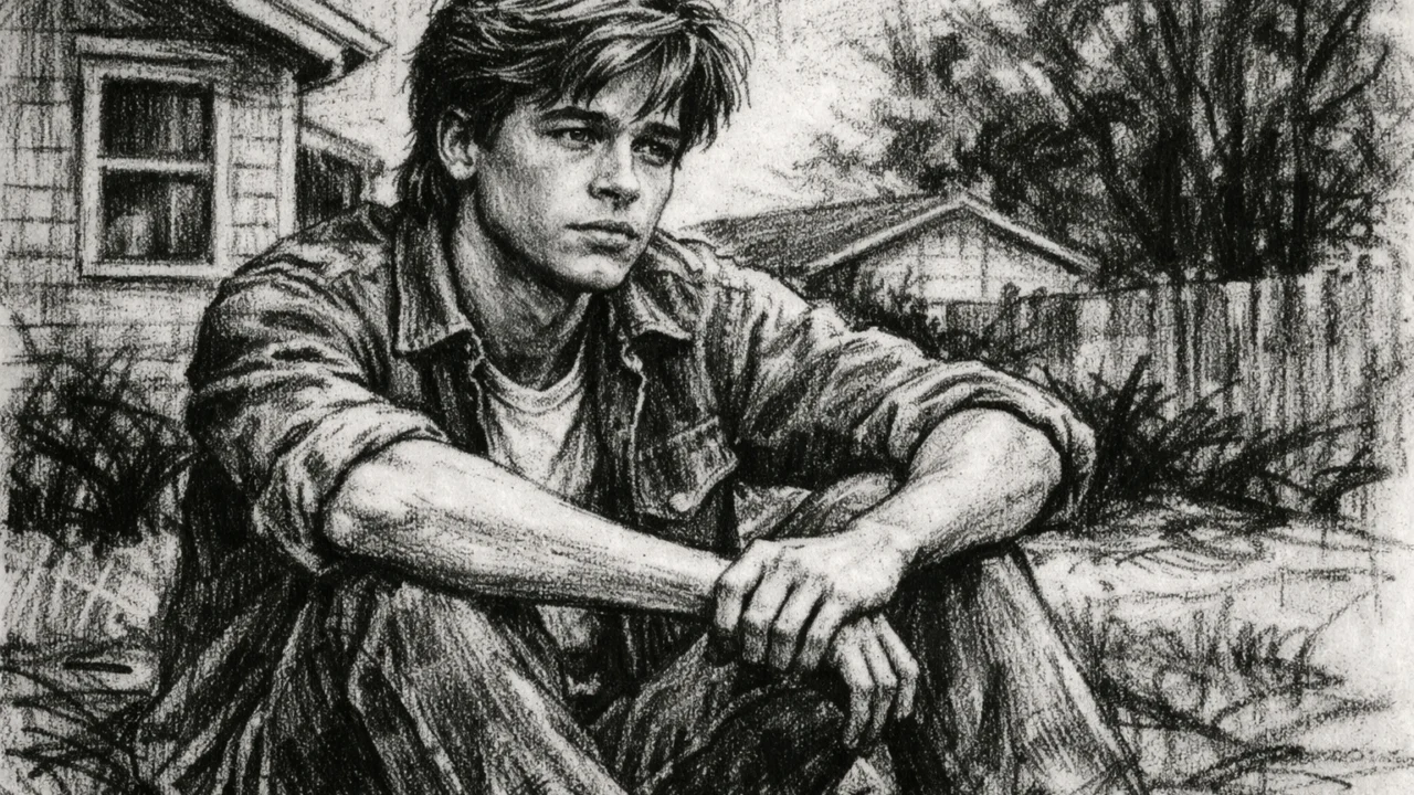 Mladi Brad Pitt u ranim godinama života prikazan u ugalj stilu, crno-bijeli crtež s izražajnim potezima ugljena