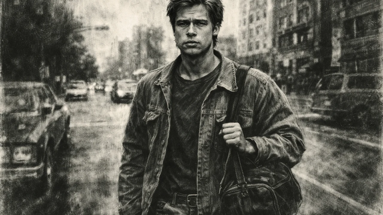 Brad Pitt na početku karijere u Los Angelesu prikazan u ugalj stilu, dinamičan crno-bijeli crtež