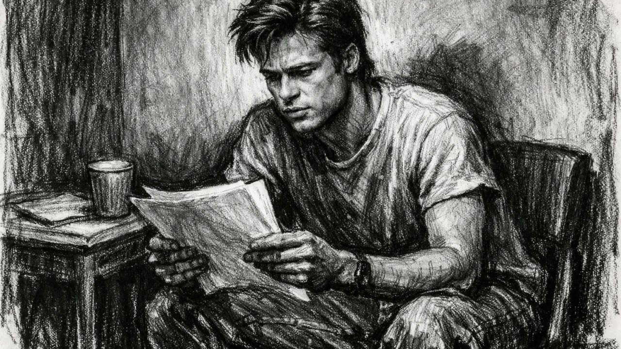 Brad Pitt dok uvježbava glumu u ranoj fazi karijere, prikazan u ugalj stilu s izražajnim linijama