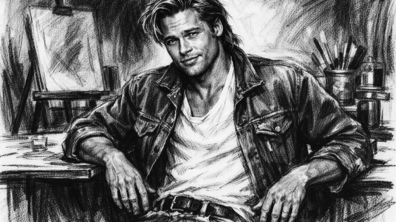 Brad Pitt u prepoznatljivoj ranoj glumačkoj fazi prikazan u ugalj stilu, snažan crno-bijeli umjetnički portret