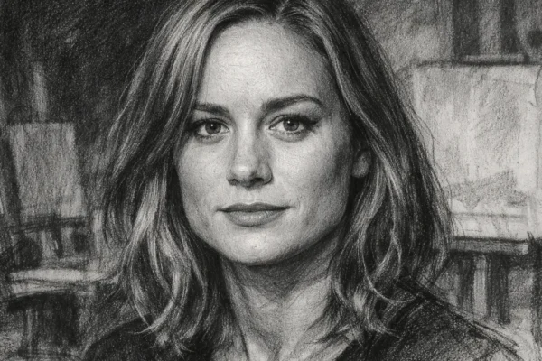 Portret Brie Larson u ugalj stilu, crno-bijeli crtež visokog kontrasta s izraženim linijama lica