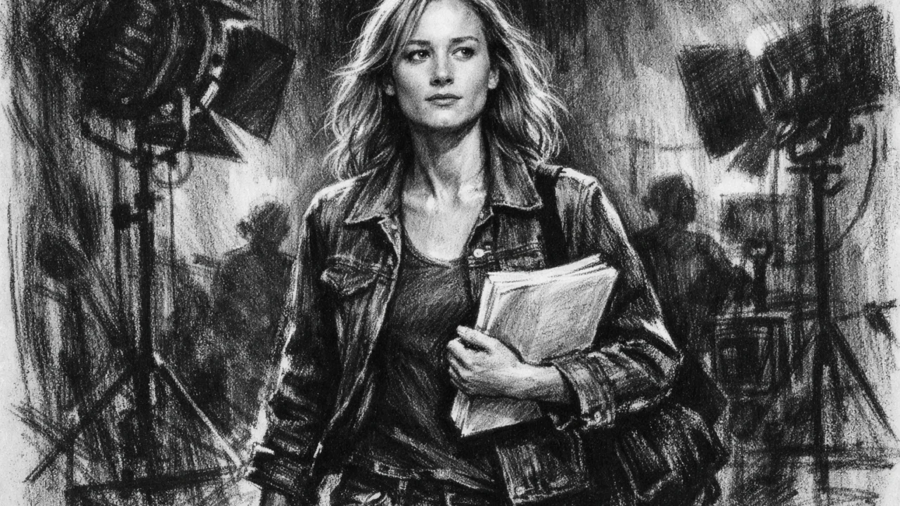 Brie Larson na filmskom setu u ranoj fazi karijere, ilustrirana u ugalj stilu s izraženim linijama